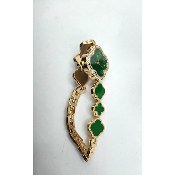 Green Clover Link Bracelet Watch Gold Tone Rhinestone Accents - Picture 3 of 5